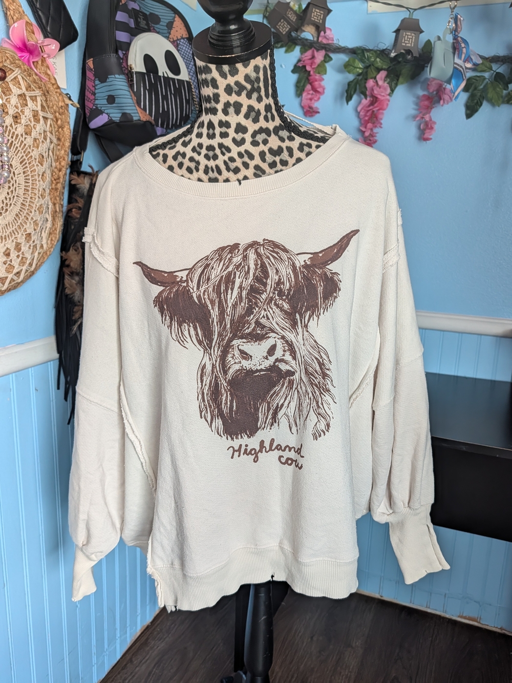Free People Cream Camden Sweatshirt with Brown Highland Cow Graphic